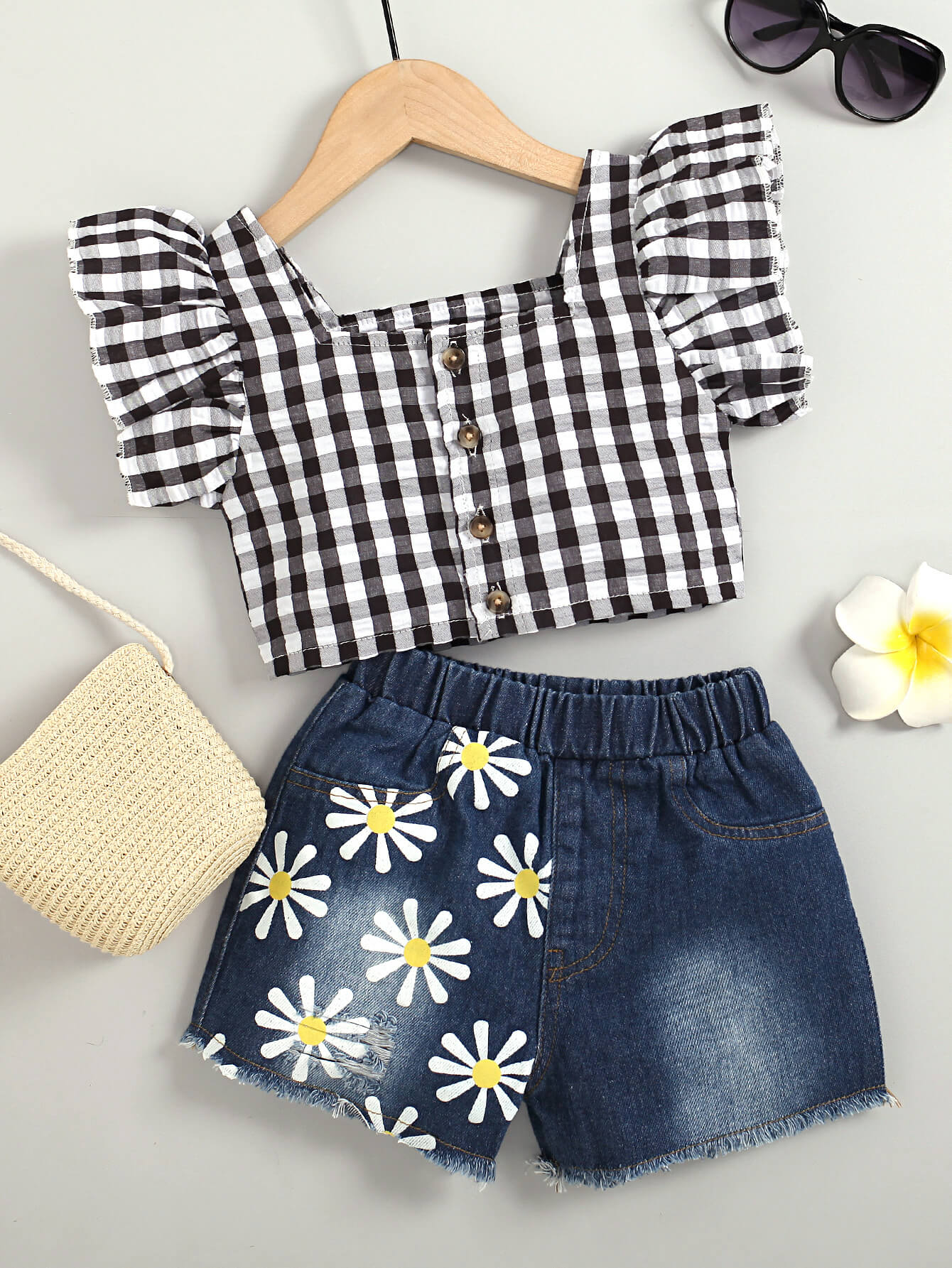 Girls Gingham Flutter Sleeve Top and Floral Denim Shorts Set