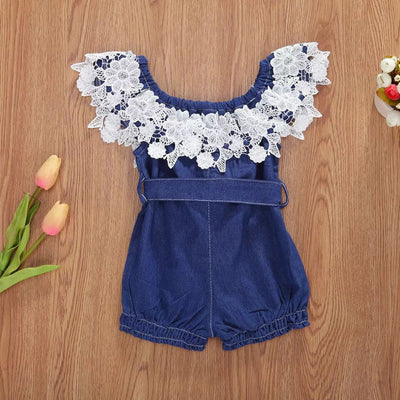 Off-the-shoulder Jumpsuit Girls Ruffled Blue Denim Romper