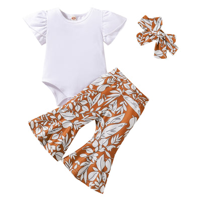 Solid Color Short Sleeved Kazakhstan Printed Bell-bottom Pants Two-piece Set