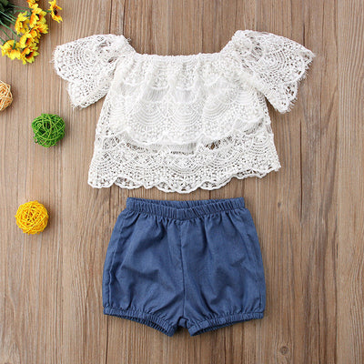 Lace top, denim skirt, three-piece set