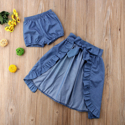 Lace top, denim skirt, three-piece set