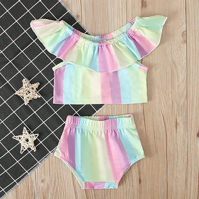 Ruffled off-shoulder rainbow color two-piece suit