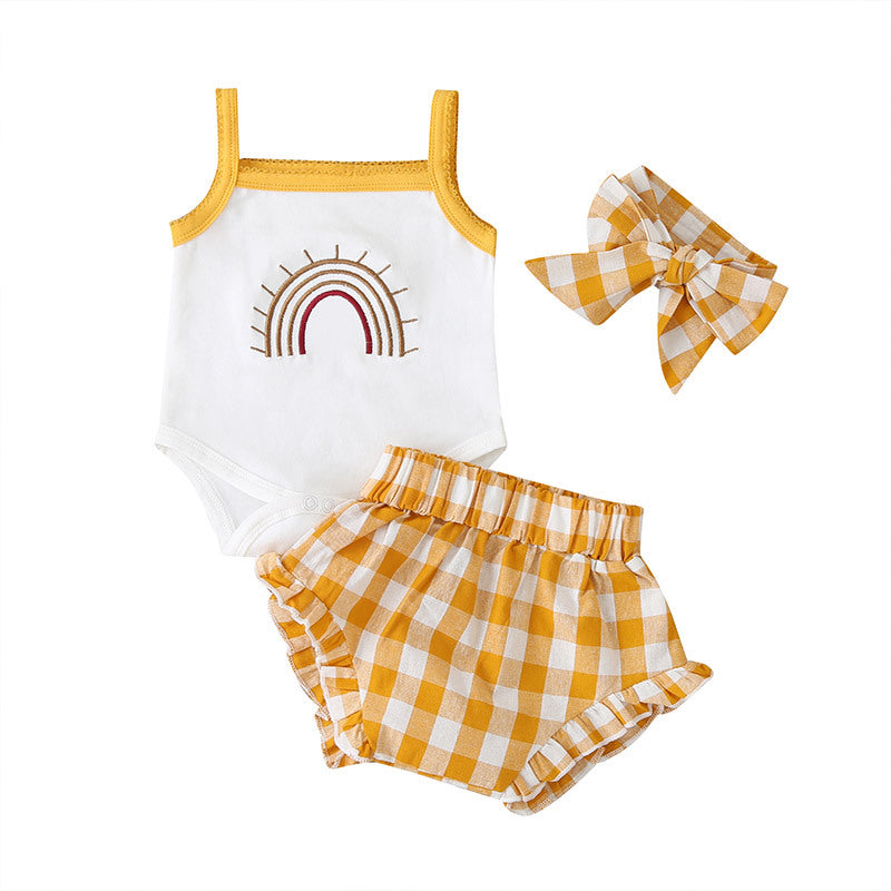 Fashion Three-Piece Baby Girl Sling Romper Plaid Shorts