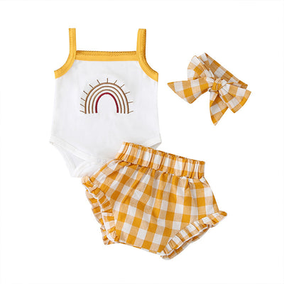 Fashion Three-Piece Baby Girl Sling Romper Plaid Shorts