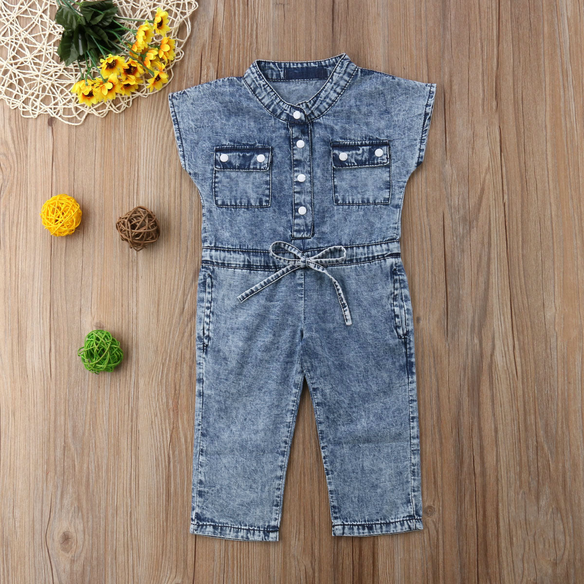 Short-Sleeved Girls Denim Romper