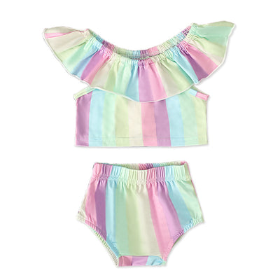 Ruffled off-shoulder rainbow color two-piece suit