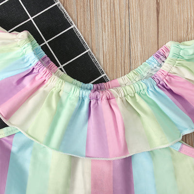 Ruffled off-shoulder rainbow color two-piece suit