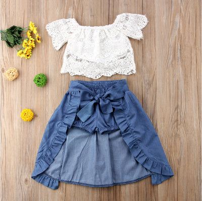 Lace top, denim skirt, three-piece set