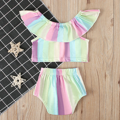 Ruffled off-shoulder rainbow color two-piece suit