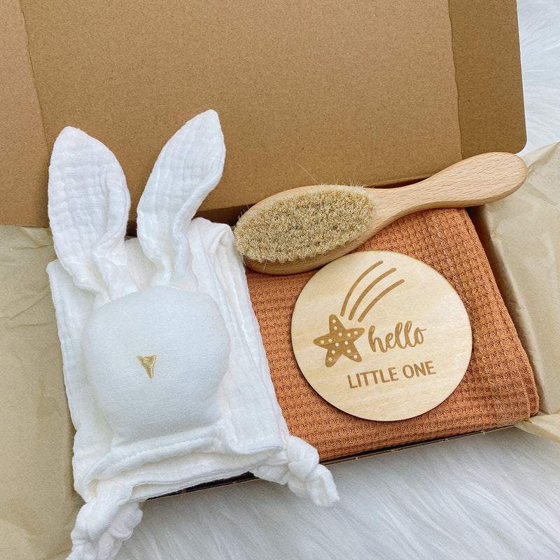 Solid Waffle Blanket Rabbit Soothing Towel Wood Brush Wash Set