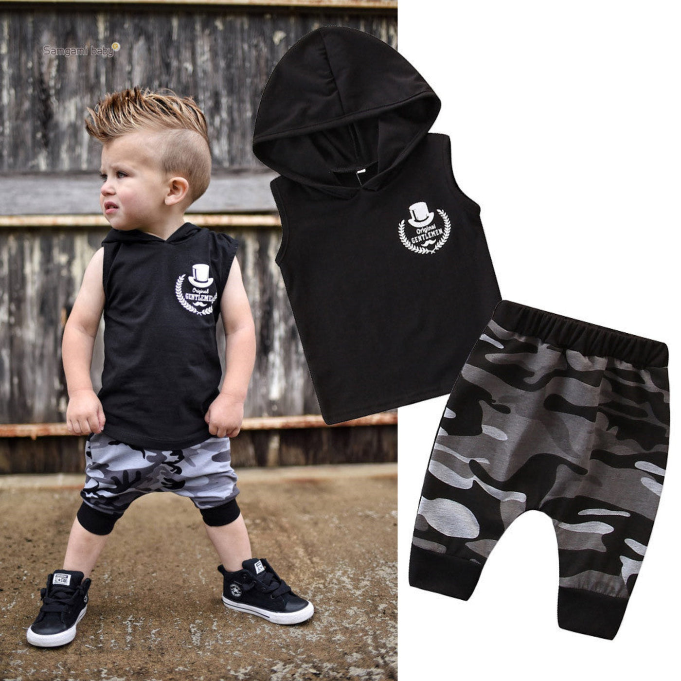 Toddler Sleeveless Hooded Camo Pants Outfits