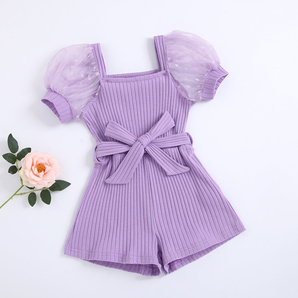 Children's Transparent Puff Sleeve Jumpsuit With Belt