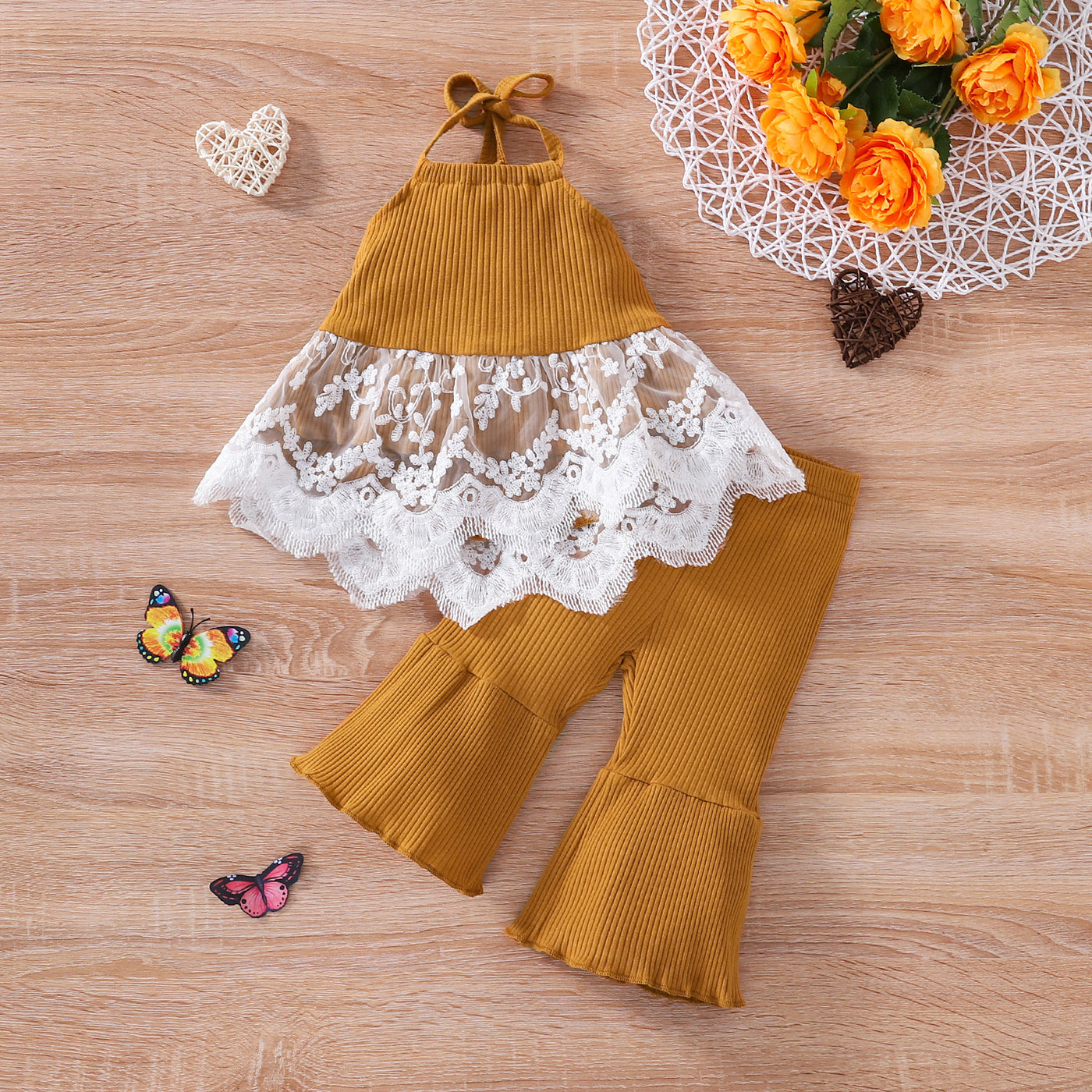 Lace Halterneck Top Solid Color Flared Pants Two-piece Set