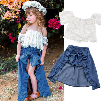 Lace top, denim skirt, three-piece set