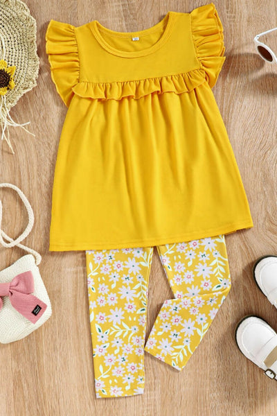 Girls Flutter Sleeve Babydoll Top and Floral Pants Set