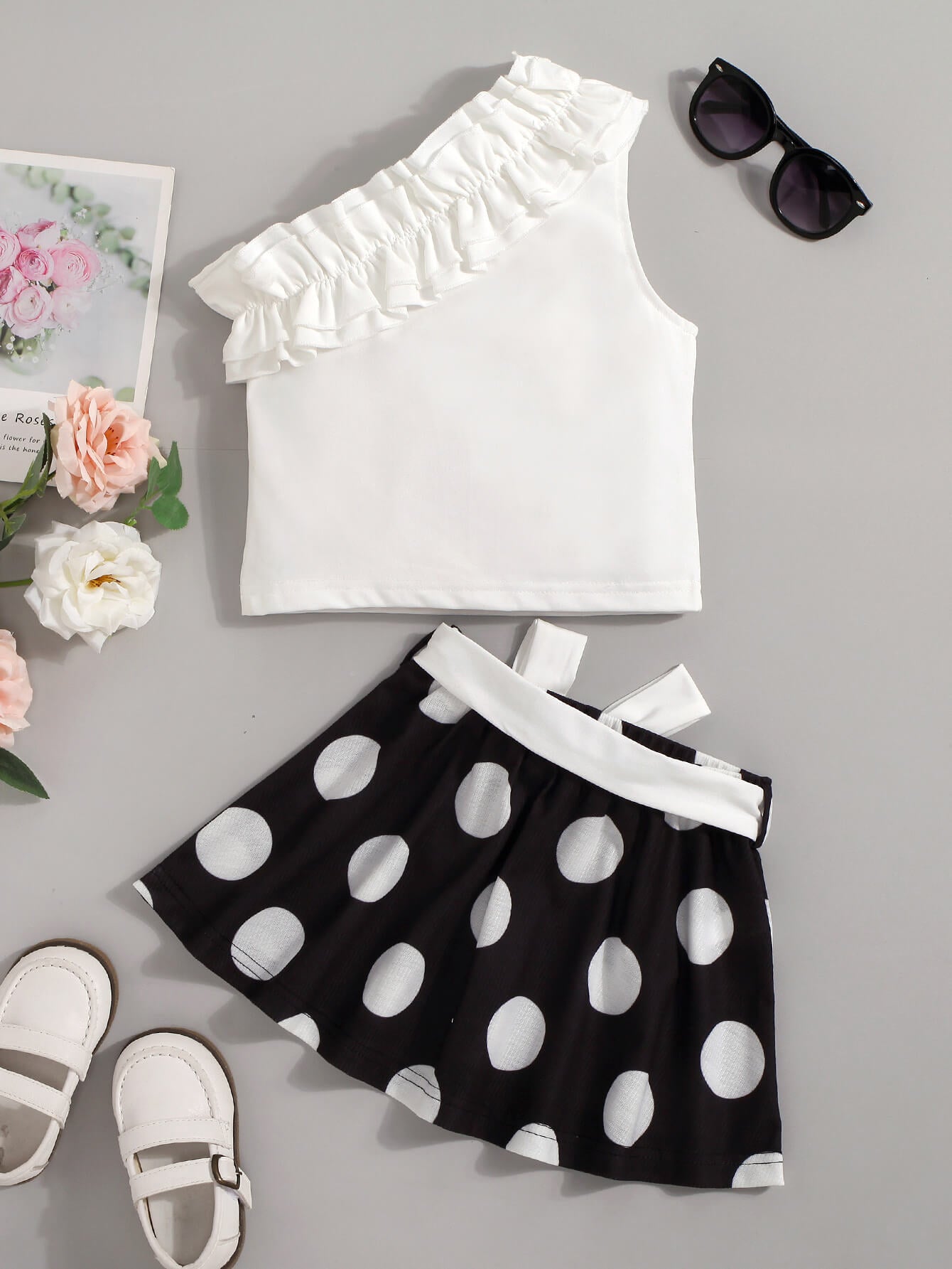 Girls Ruffled Top and Polka Dot Skirt Set