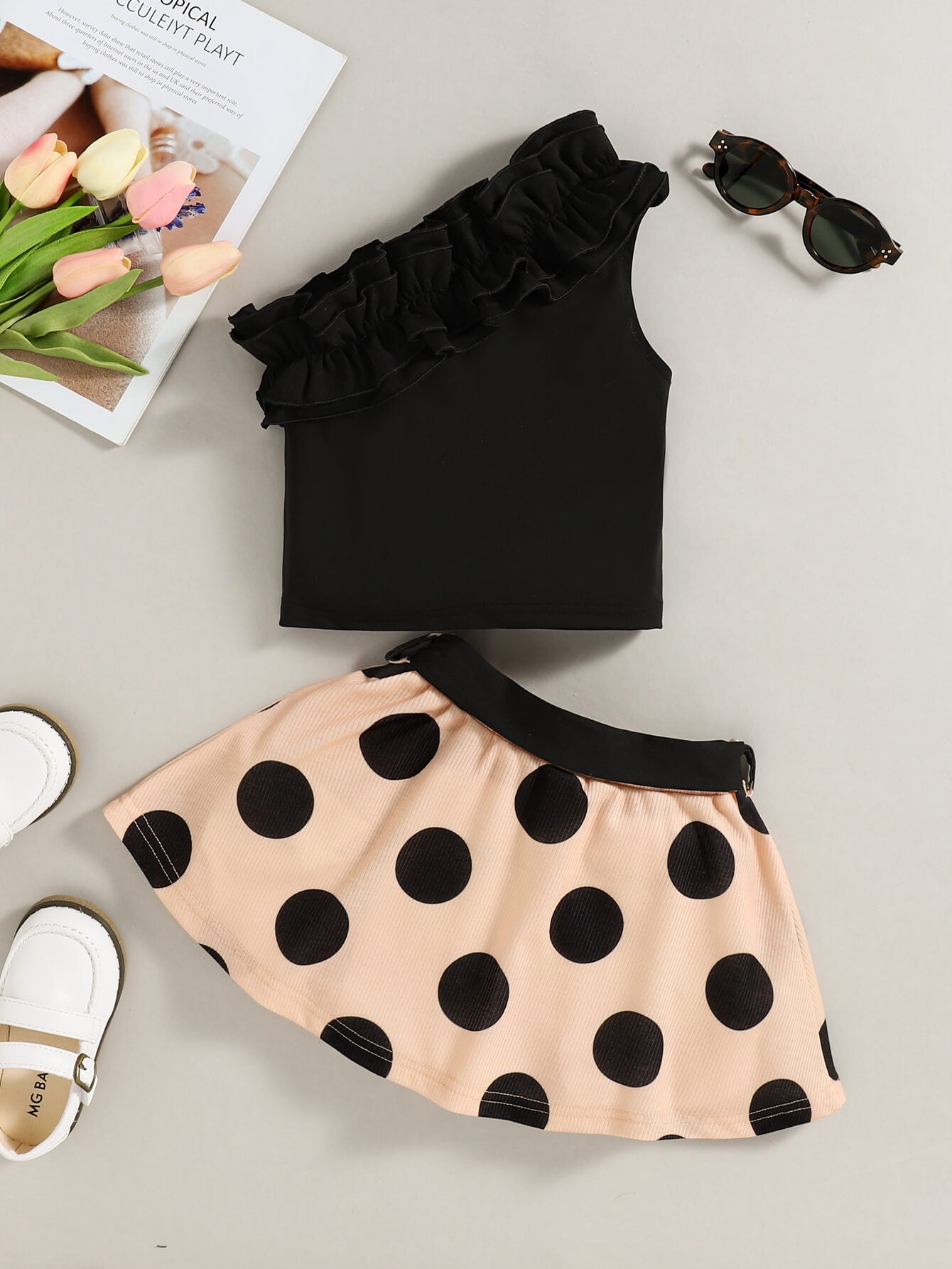 Girls Ruffled Top and Polka Dot Skirt Set