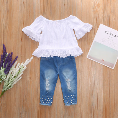 Girls' Collar Lace Top with Jeans Set