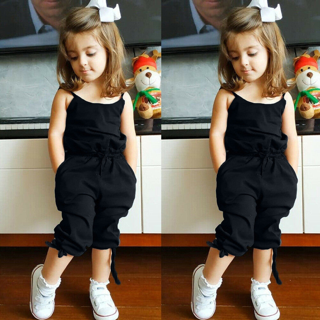 Girls' solid color suspender jumpsuit