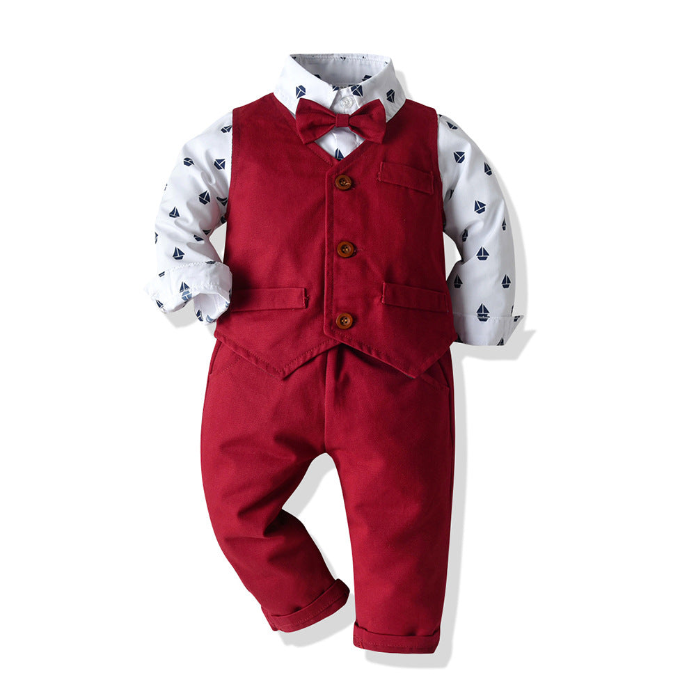 Boys Children's Long-sleeved Shirt Vest And Pants Suit