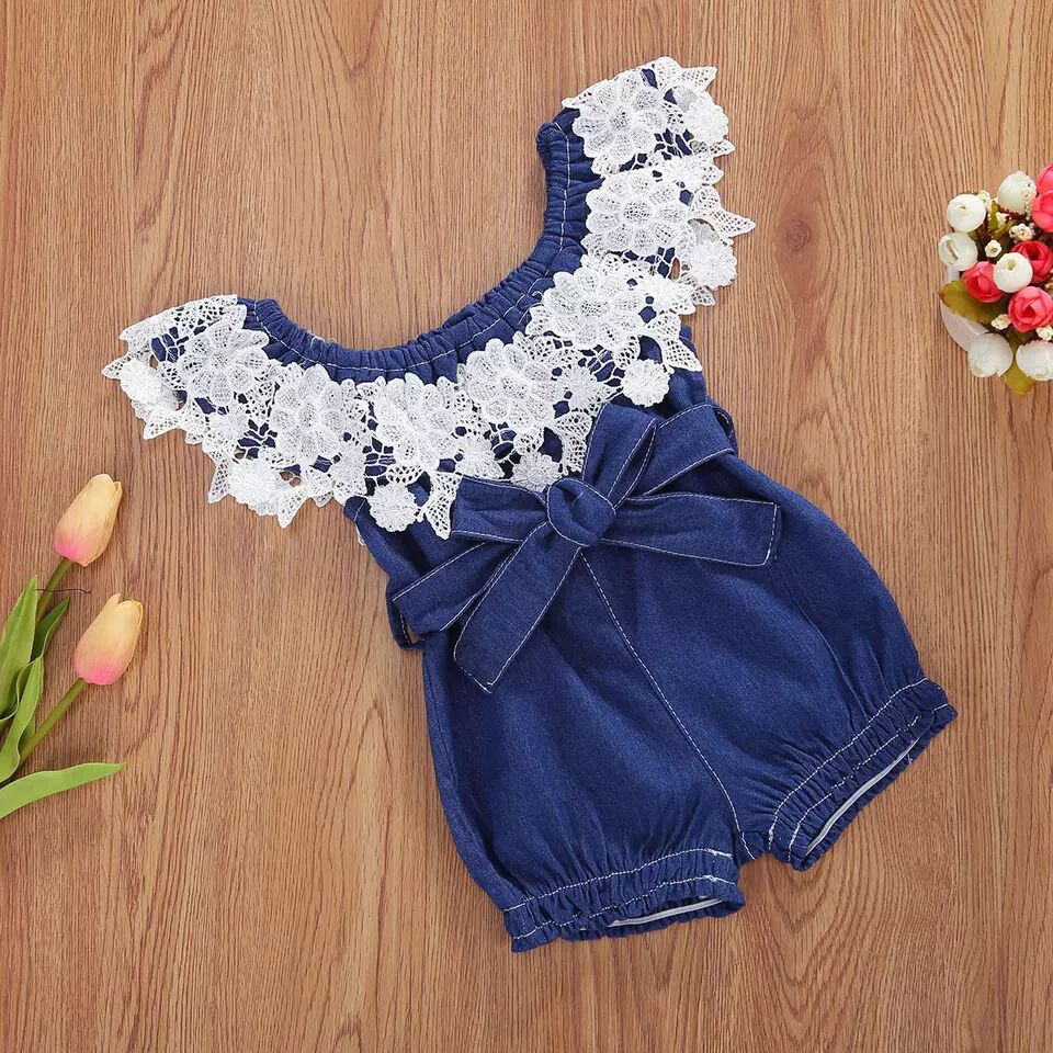 Off-the-shoulder Jumpsuit Girls Ruffled Blue Denim Romper