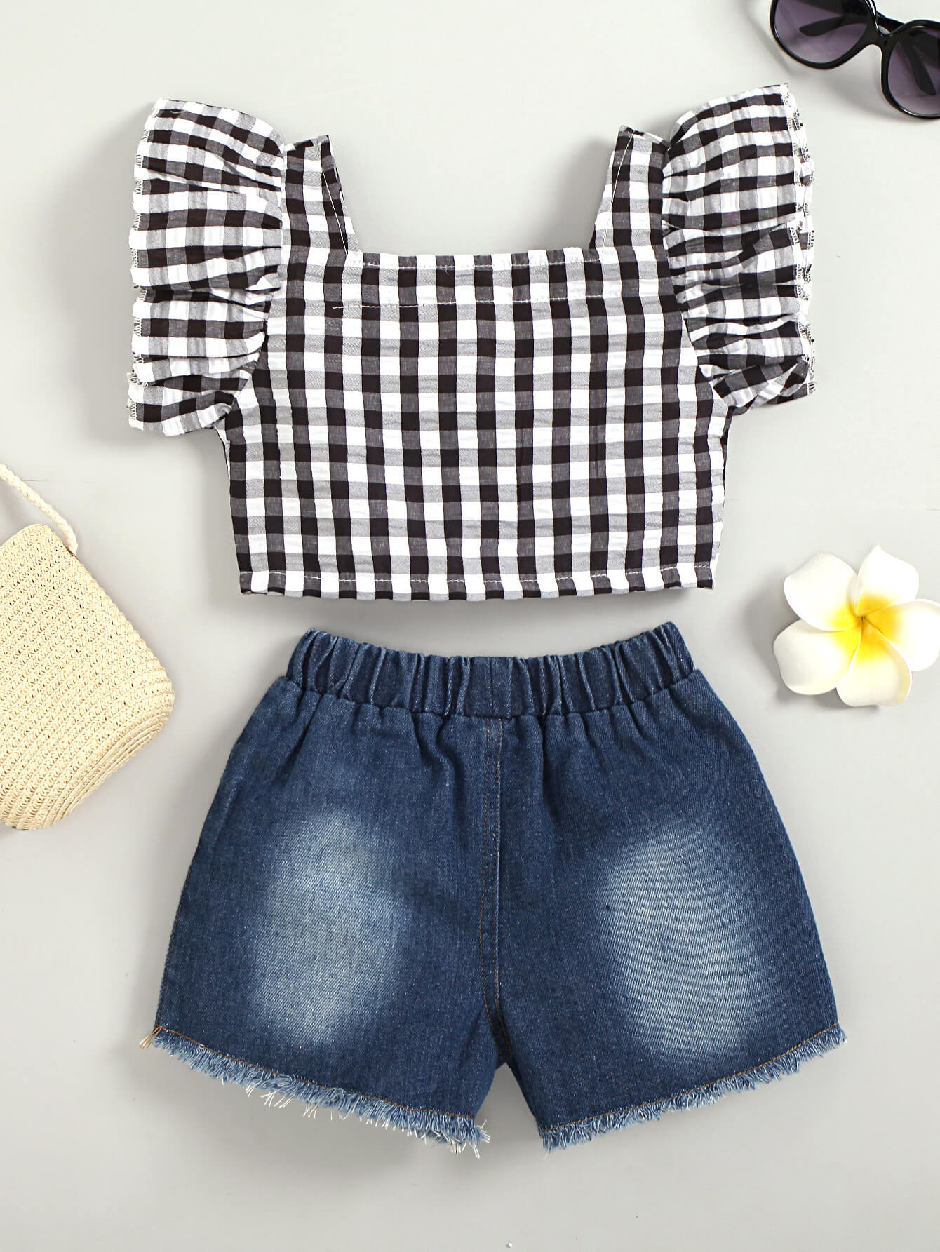 Girls Gingham Flutter Sleeve Top and Floral Denim Shorts Set