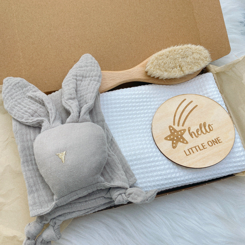 Solid Waffle Blanket Rabbit Soothing Towel Wood Brush Wash Set