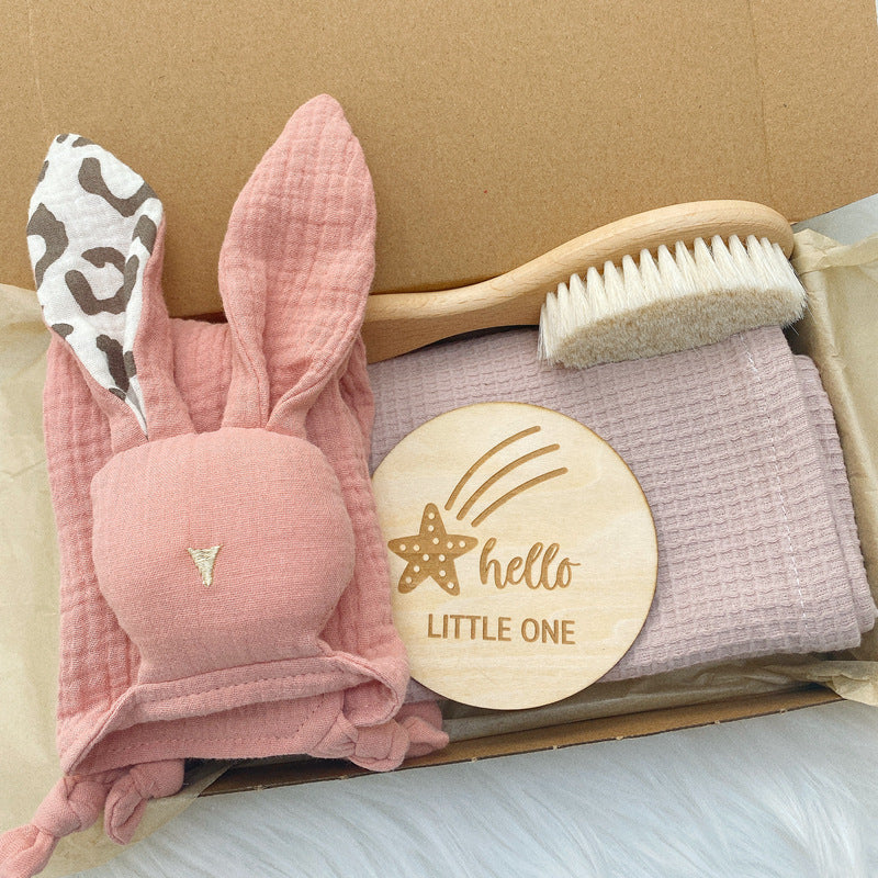 Solid Waffle Blanket Rabbit Soothing Towel Wood Brush Wash Set