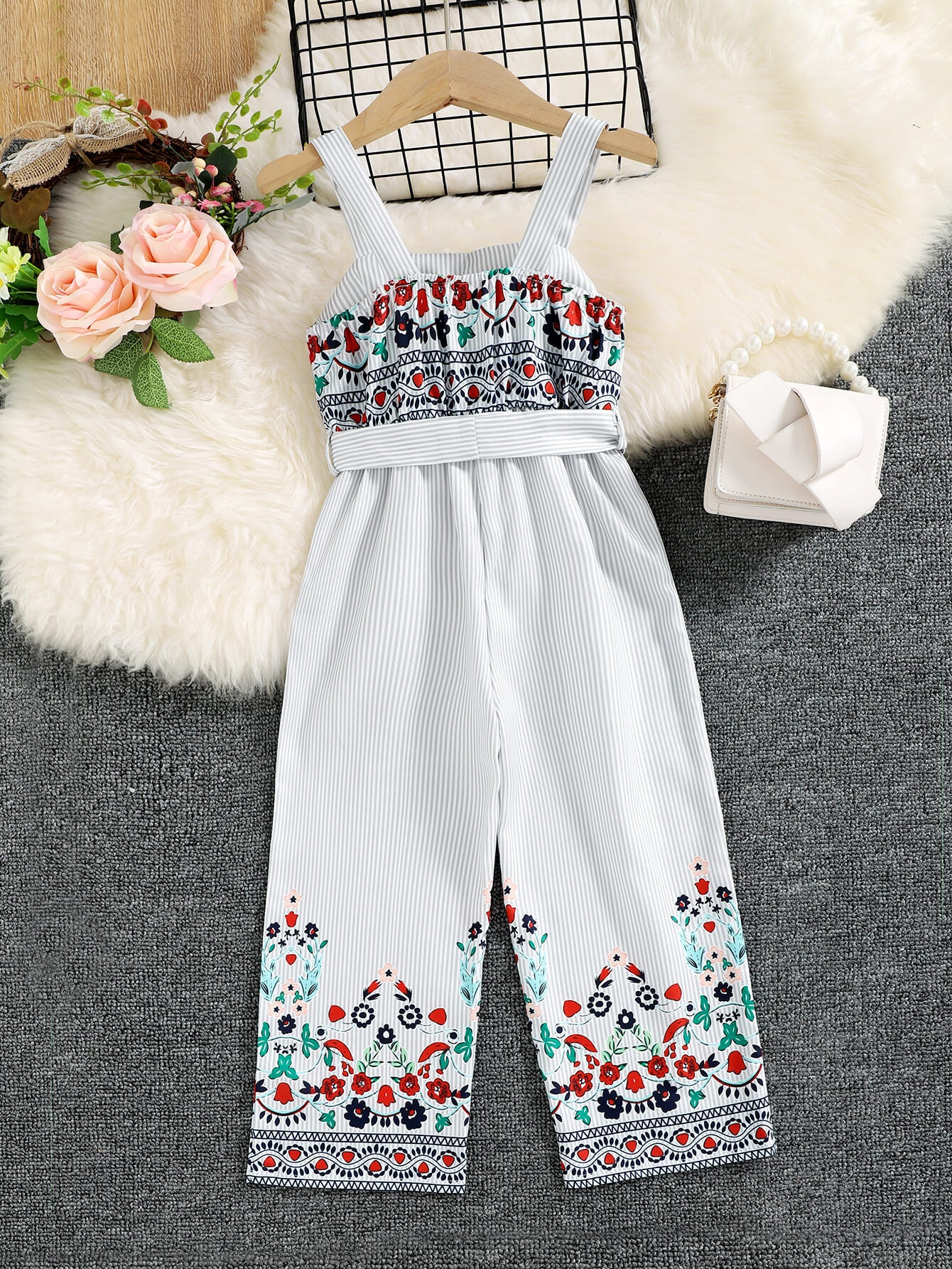 Girls Mixed Print Belted Sleeveless Jumpsuit