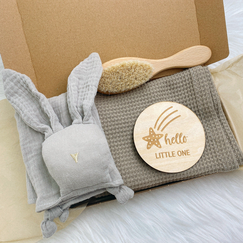 Solid Waffle Blanket Rabbit Soothing Towel Wood Brush Wash Set