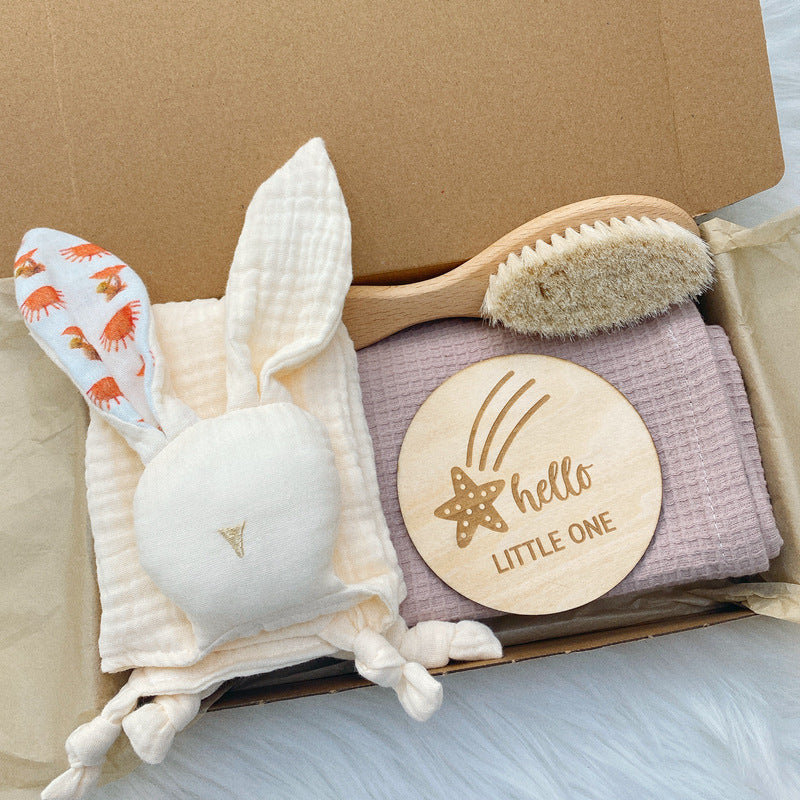 Solid Waffle Blanket Rabbit Soothing Towel Wood Brush Wash Set